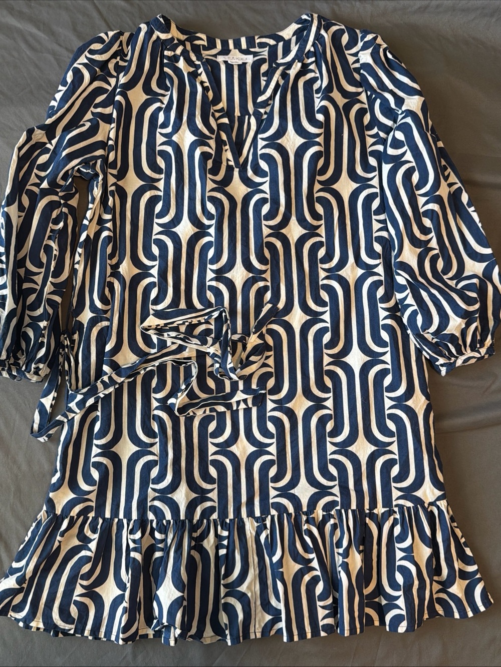 Velvet by Graham & Spencer Navy and White Geometric Tie-Waist Dress